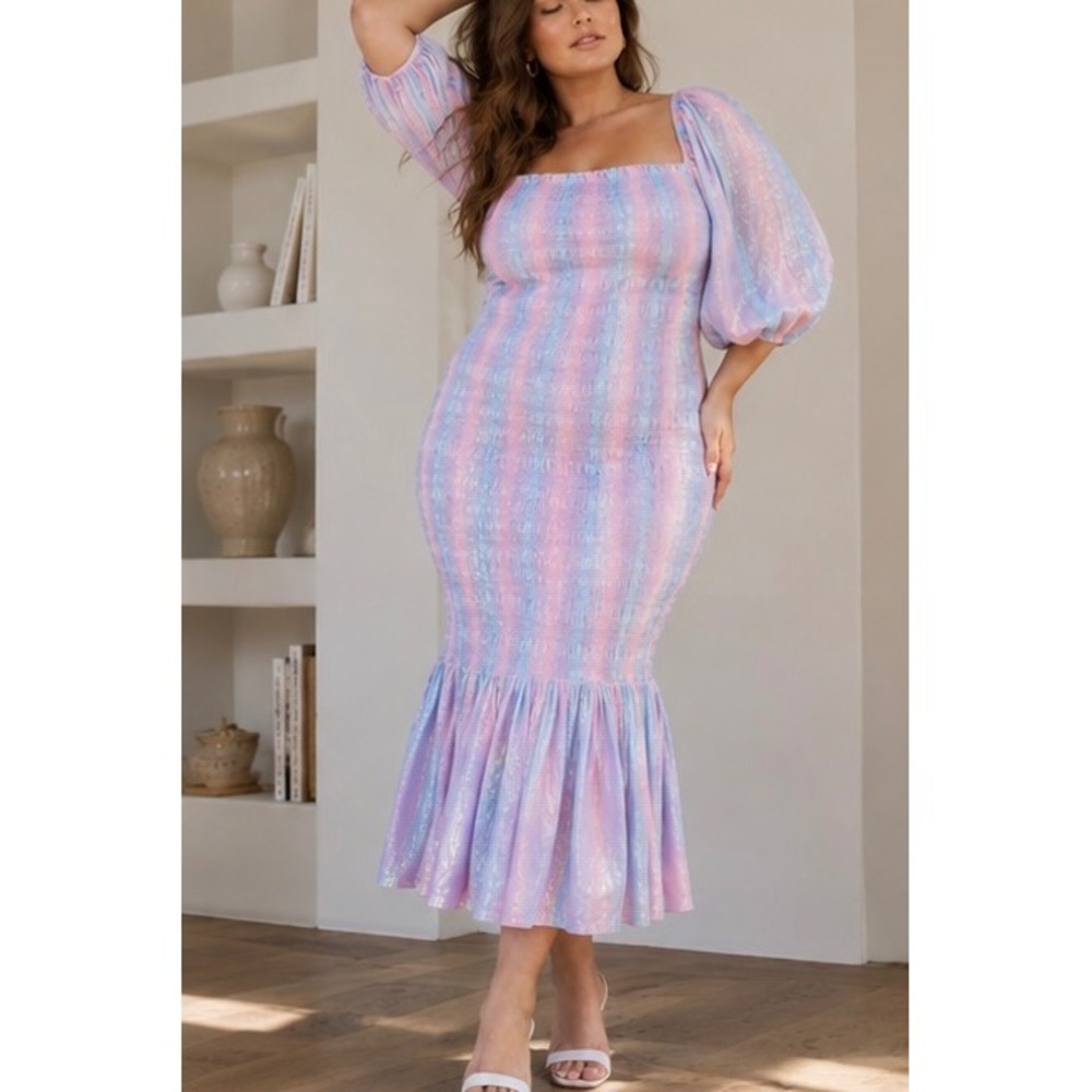 SUNDRESS Pepita Dress NWT XL/XXL MEERU Metallic Smocked Puff Sleeve Midi